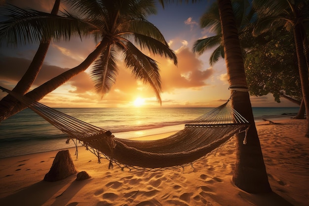 A hammock on a beach with palm trees in the background