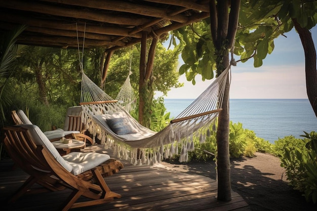 A hammock on a deck with a view of the ocean.