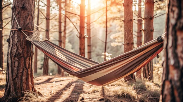 Photo a hammock in a forest with the sun shining through the trees