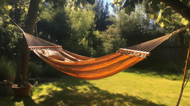 A hammock in a garden with trees in the background.