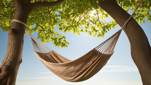 Photo hammock hanging from a tree with the sun shining through the leaves