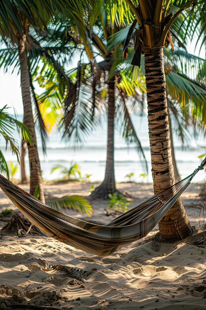 Hammock hanging between two palm trees on a beach Generative AI