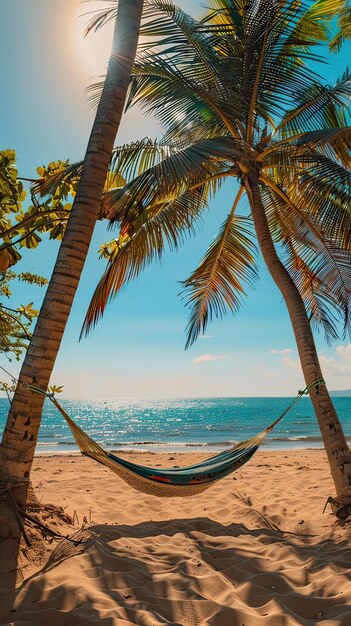 Hammock hanging between two palm trees on a beach Generative AI