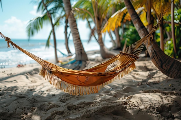 Hammock hanging between two palm trees on a beach Generative AI