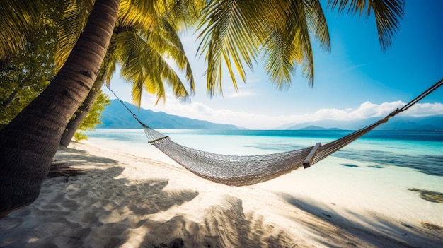 A hammock hangs on a beach with palm trees in the background.