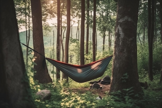 A hammock hangs in a forest with the sun shining through the trees.