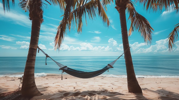 A hammock hangs between two palm trees on a tropical beach