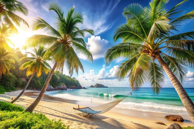 Photo a hammock is on a beach with palm trees