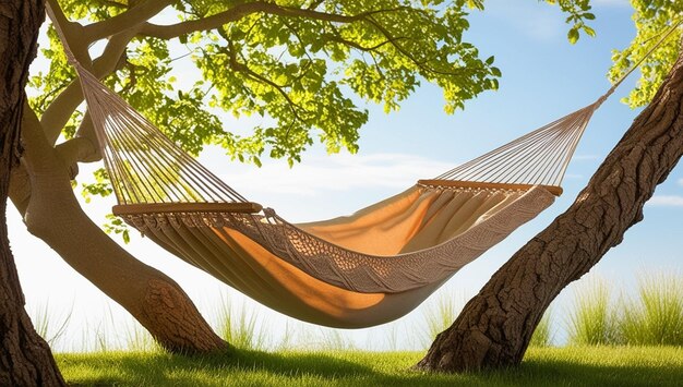 a hammock is in the grass under a tree