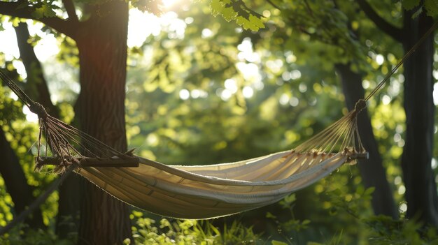 a hammock is hanging from a tree with the sun shining through the leaves