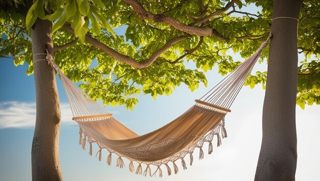 Photo a hammock is hanging from a tree with the words hammock on it