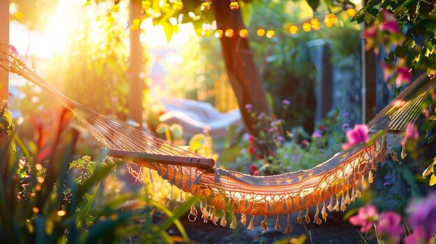 Photo a hammock is hanging in the trees with lights around it