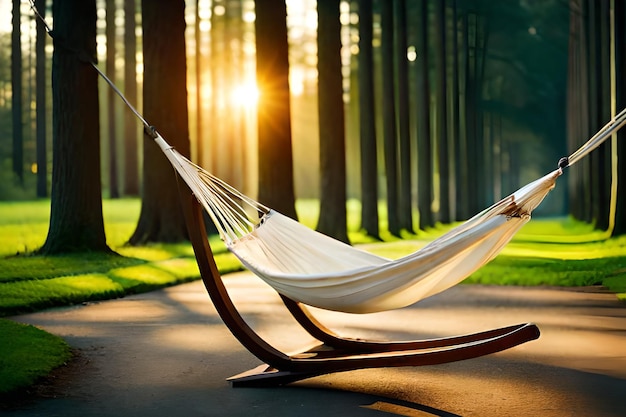 A hammock is in a park with the sun shining through the trees.