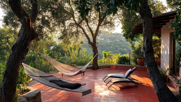 a hammock is on a patio with a tree and a chair