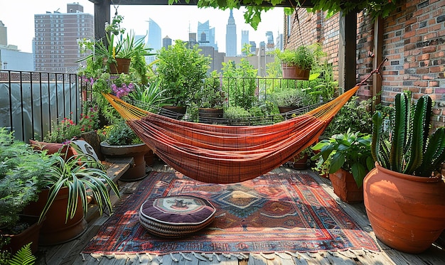 Photo a hammock is on a patio with a view of the city