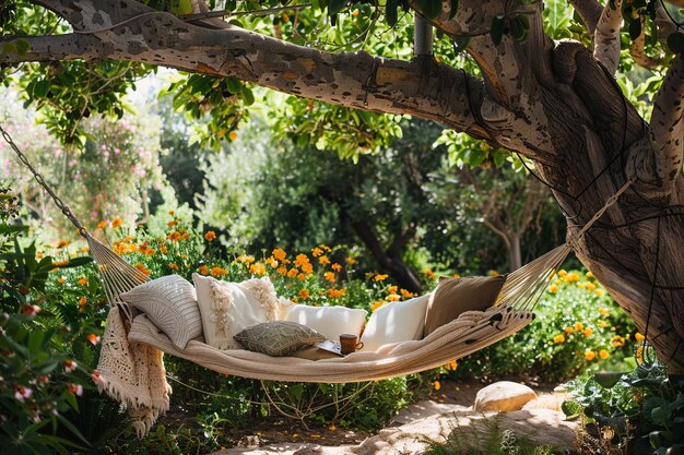 Photo a hammock is under a tree with flowers and a book