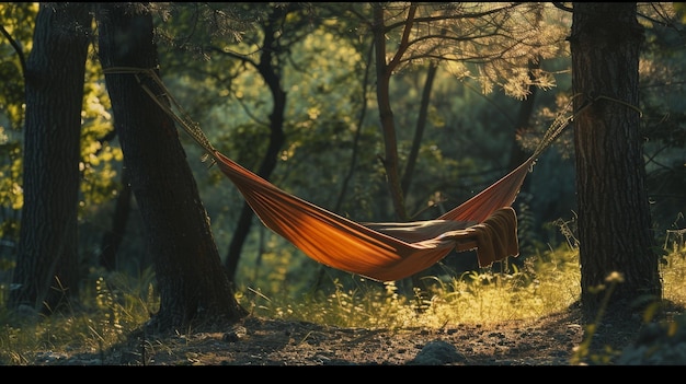 Photo a hammock is in the woods with the sun shining through the trees