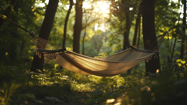 Photo a hammock is in the woods with the sun shining through the trees