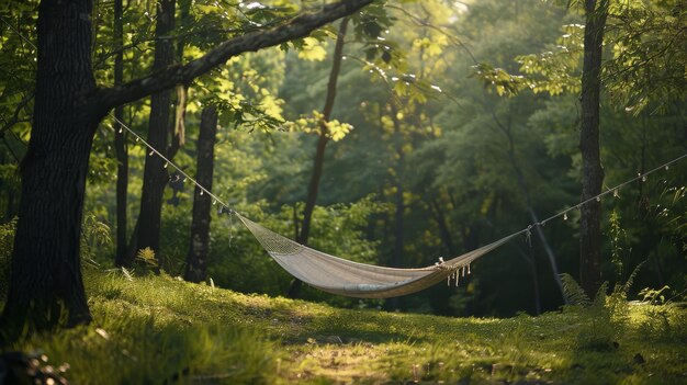 Photo a hammock is in the woods with the sun shining through the trees