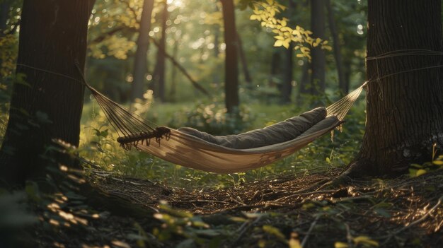 Photo a hammock is in the woods with the sun shining through the trees