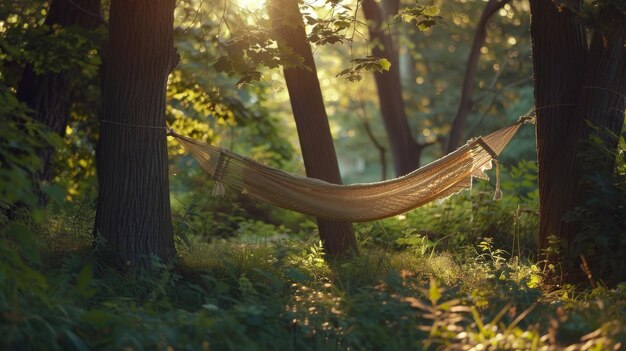 a hammock is in the woods with the sun shining through the trees