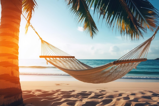 Hammock Between Palm Trees On Idyllic Tropical Beach