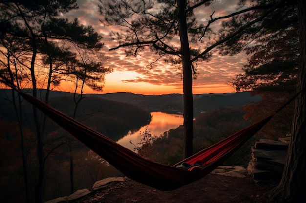 Hammock strung between two trees with a view of the ocean