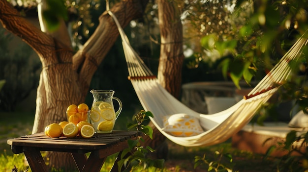 Photo a hammock in a sunny garden with a pitcher of lemonade on a nearby table offering a peaceful and relaxing afternoon vibe