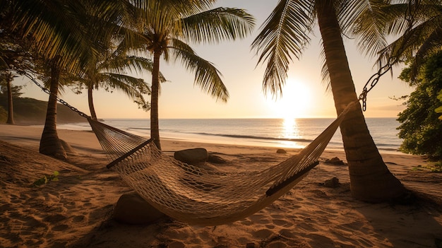 Hammock suspended between palm trees against the backdrop of the sun setting over the sea