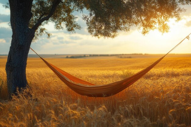 Photo a hammock swaying gently between two trees overlooking a golden wheat field under the warm summer sun