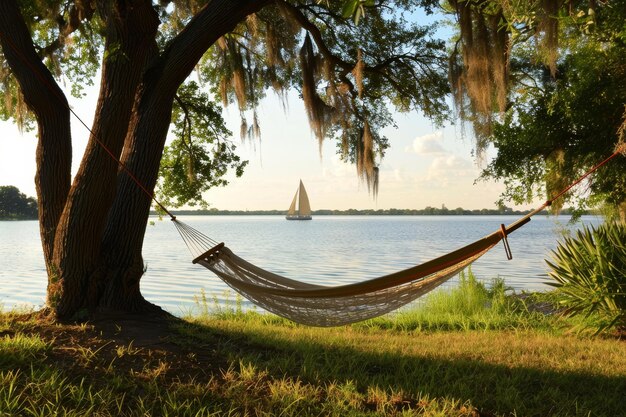 Photo hammock swaying under tree with lake and sailboat view a hammock swaying in the breeze with a view of a tranquil lake and a lone sailboat in the distance