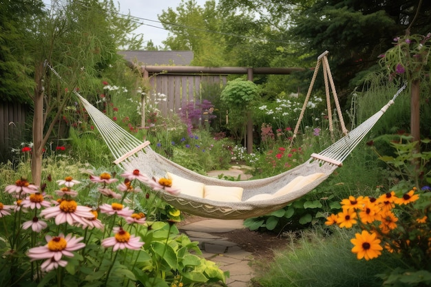 Hammock swing in peaceful garden setting with flowers and greenery