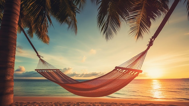 a hammock on a tropical beach with palm trees in the background.