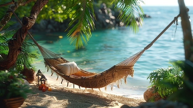 a hammock with a palm tree in the background