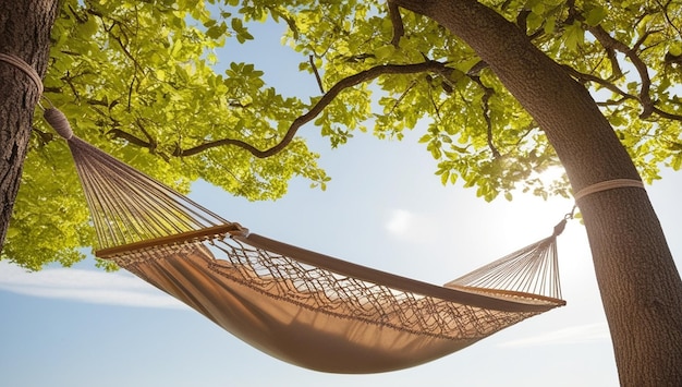 a hammock with the sun shining through the leaves