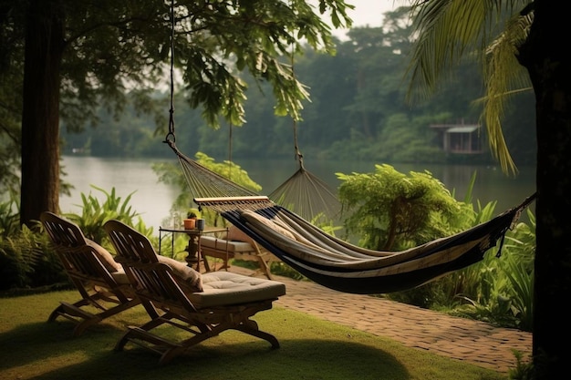 A hammock with a view of a lake and a house in the background