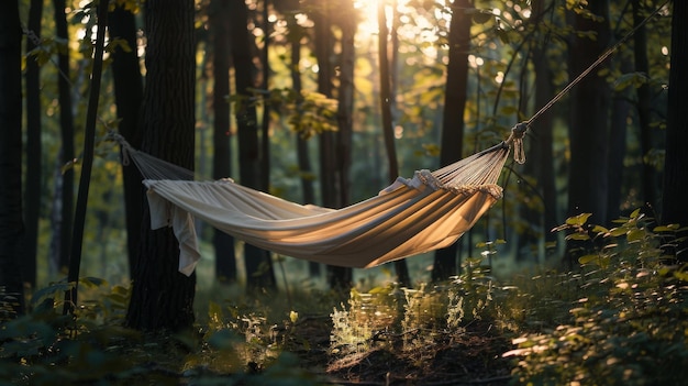 a hammock in the woods with the sun shining through the trees