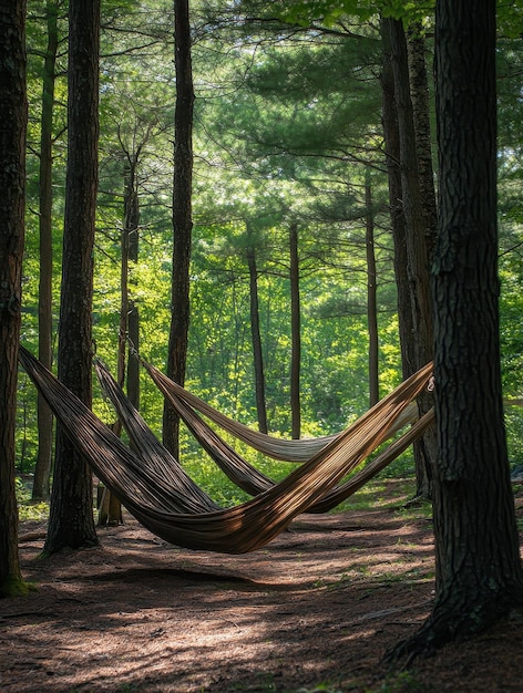 Hammocks strung between trees at a peaceful campsite