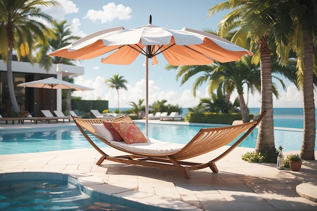 Hammocks and umbrella placed near to a large pool