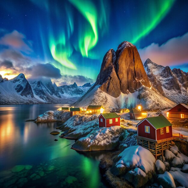 Photo hamnoy nothern lights beautiful aurora over hamnoy in the lofoten islands norway