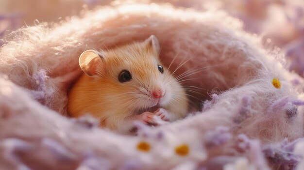 Photo hamster in a cozy nest with a lavender background isolated endearing rodent