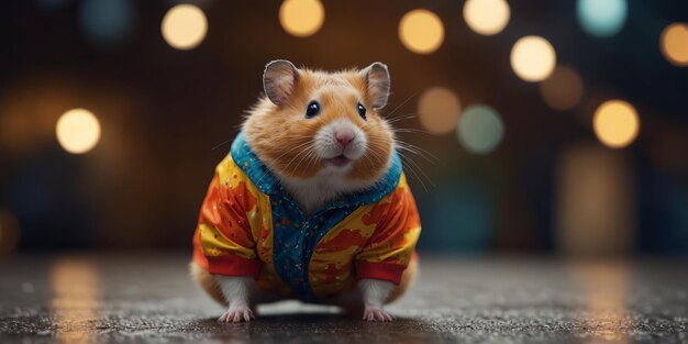 Photo hamster dancing dressed in colorful jacket