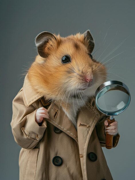 a hamster dressed as a detective wearing a trench coat and magnifyi