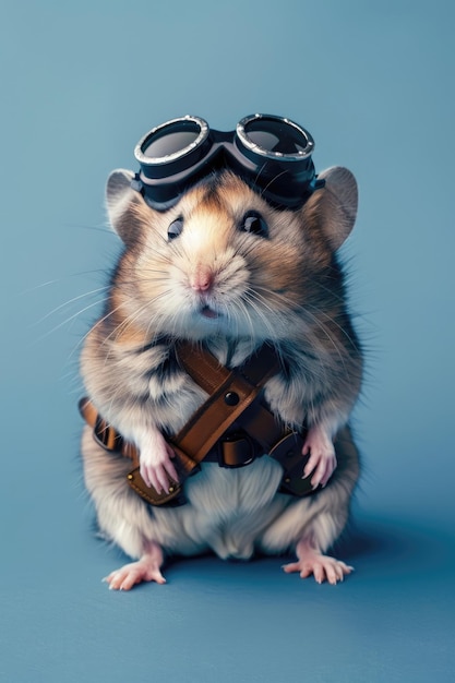 a hamster dressed as a pilot sitting confidently with aviator glasses with plenty of spa