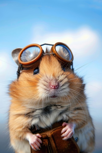 a hamster dressed as a pilot sitting confidently with aviator glasses with plenty of spa