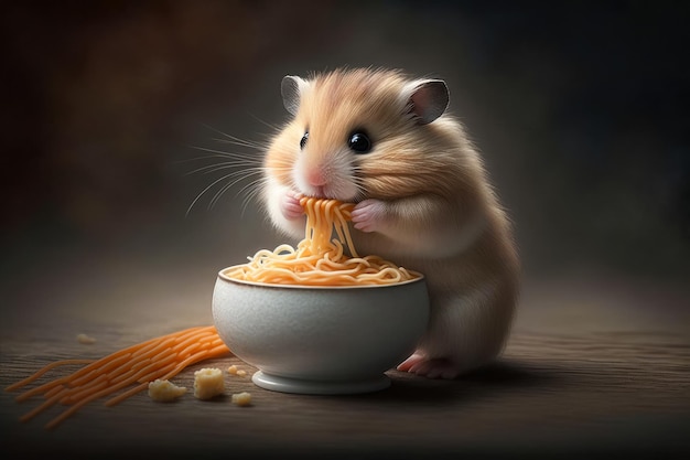 Hamster eating spaghetti in bowl Generative AI