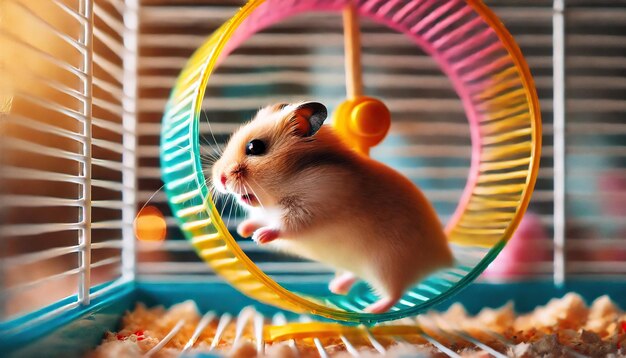 Photo hamster on an exercise wheel in a colorful cage