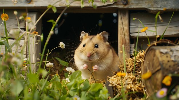 Photo a hamster in a fenced in area with flowers and grass