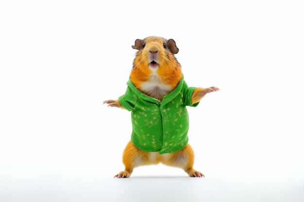 a hamster in a green shirt is standing up