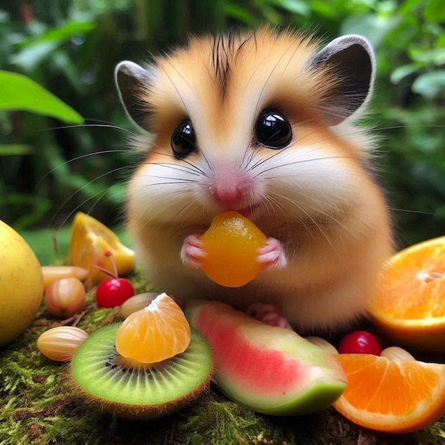 Photo a hamster is eating fruit and vegetables with a banana and fruit